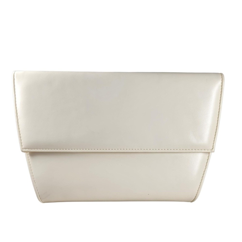 Vintage 90s Minimalist Cream Leather Envelope Clutch Bag Quiet Luxury White Mod